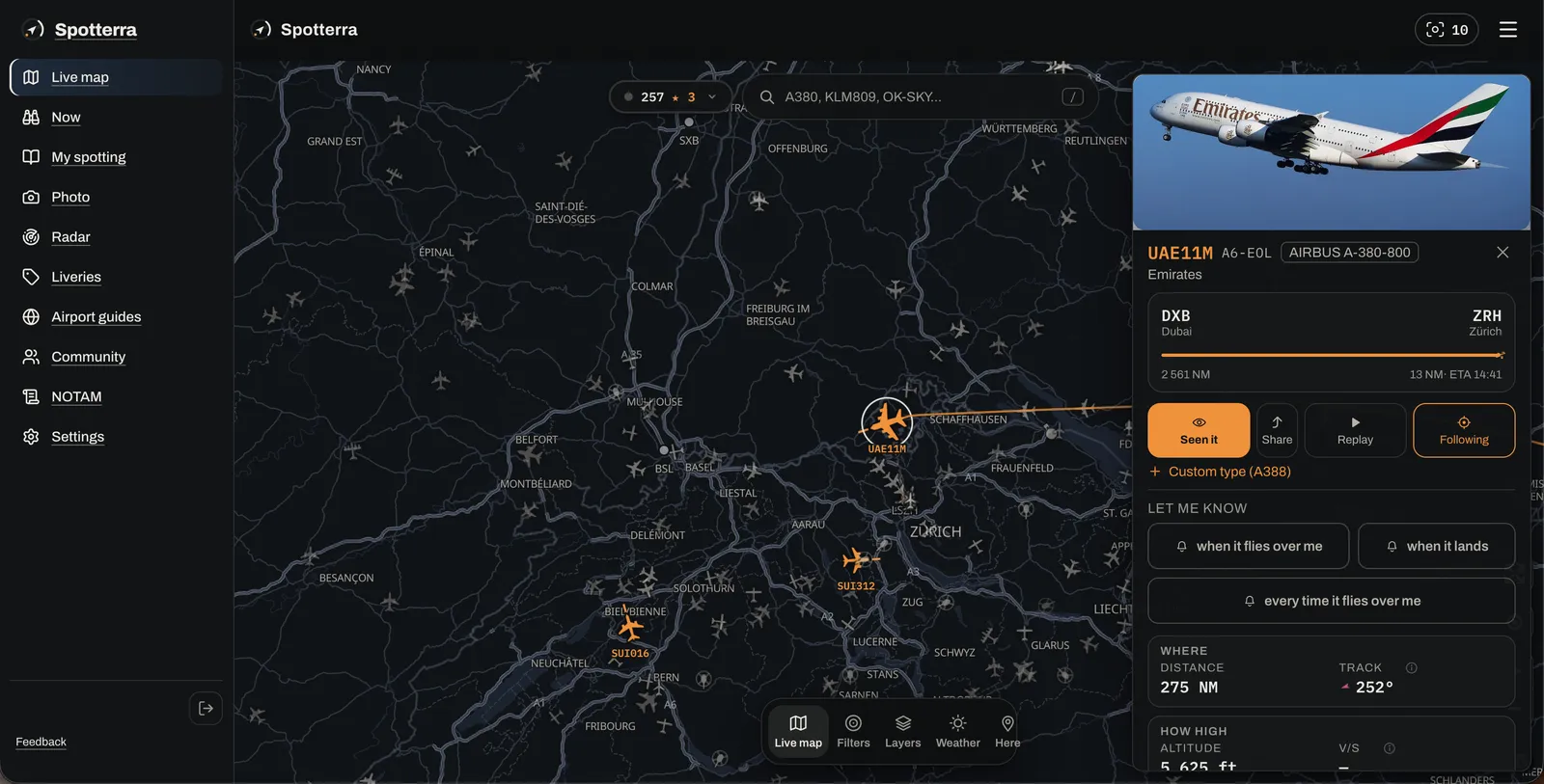 Spotterra on screen: live map with an Airbus A380 overhead