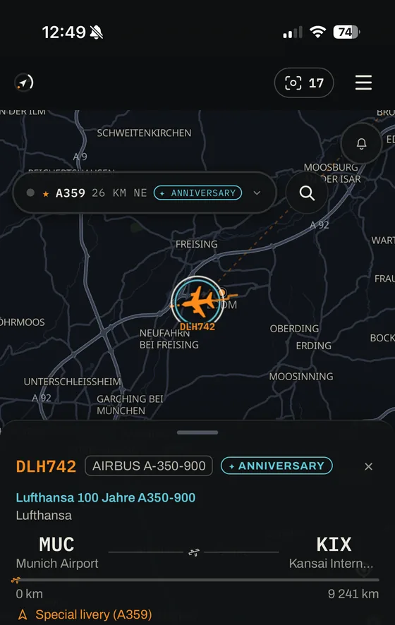 Special livery on the map — Lufthansa 100 Jahre A350 with badge and ring