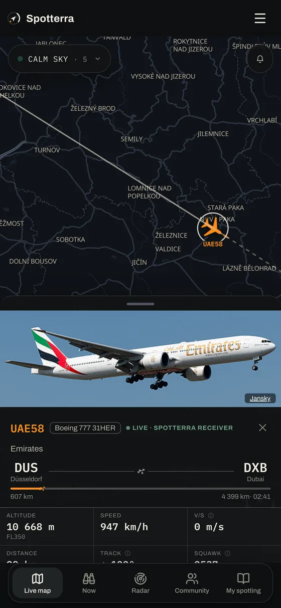 Spotterra live map with flight detail — altitude, speed and route