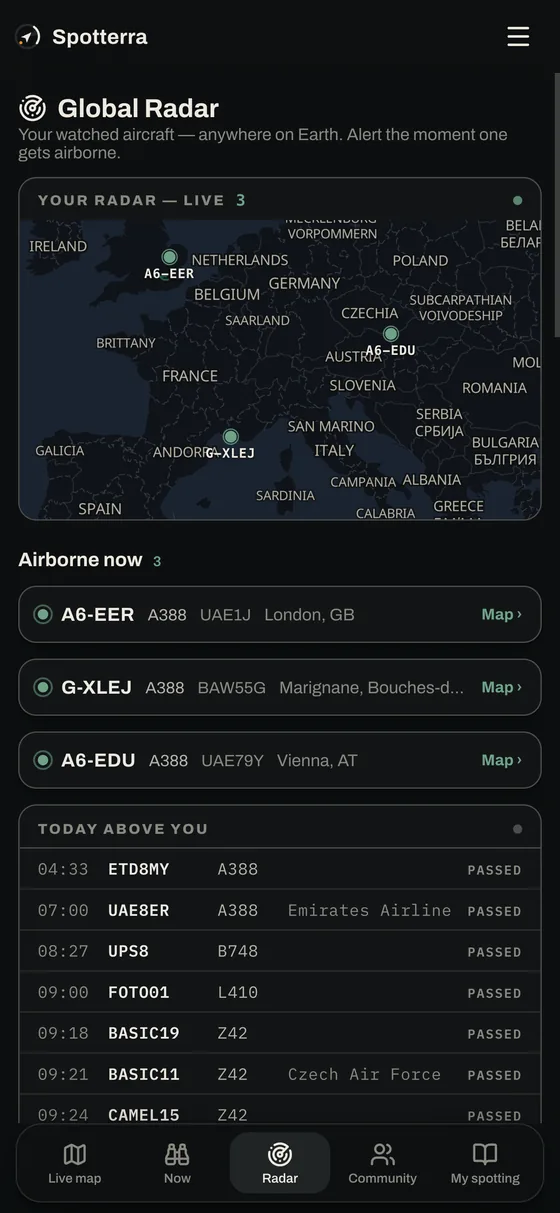 Global radar: your watched aircraft anywhere on Earth