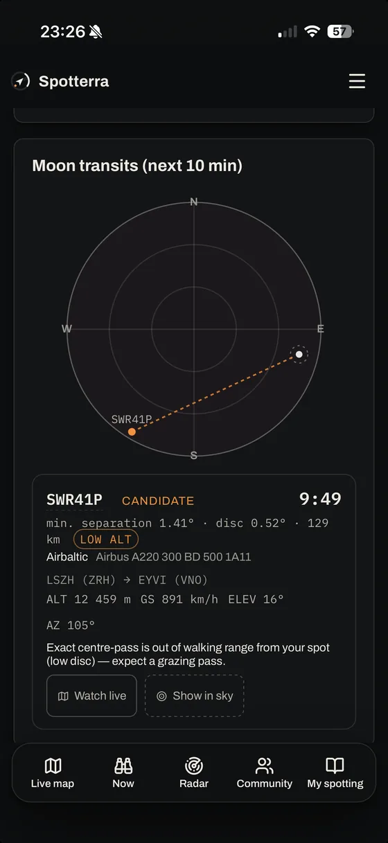 Transit radar: an aircraft heading across the Moon disc, with a countdown